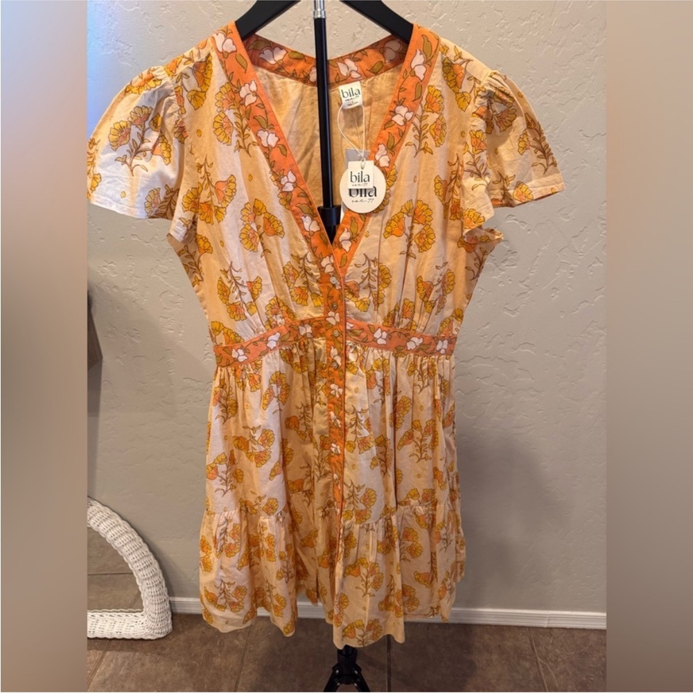 Bila Peach & Orange Floral Trim V-Neck Boho Button Up Dress